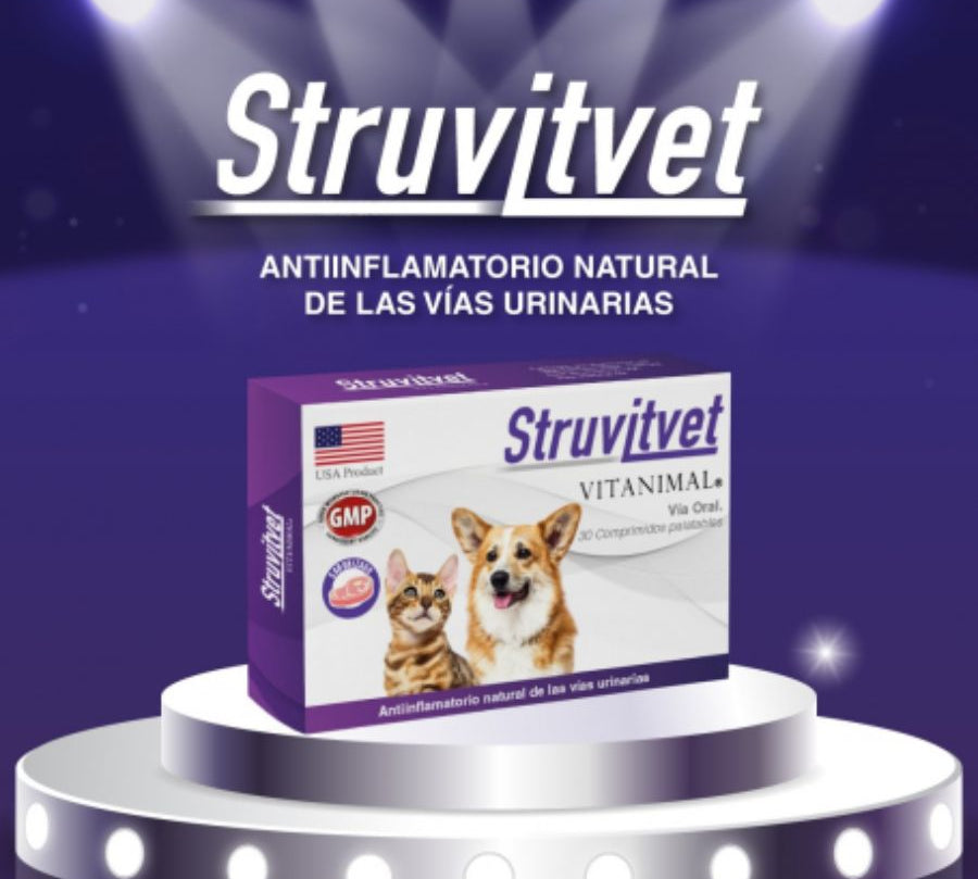 Struvitvet 30 Comprimidos 🐶🐱, suplemento natural que previene y disuelve cristales de estruvita. Ideal para cuidar la salud urinaria de tu mascota.