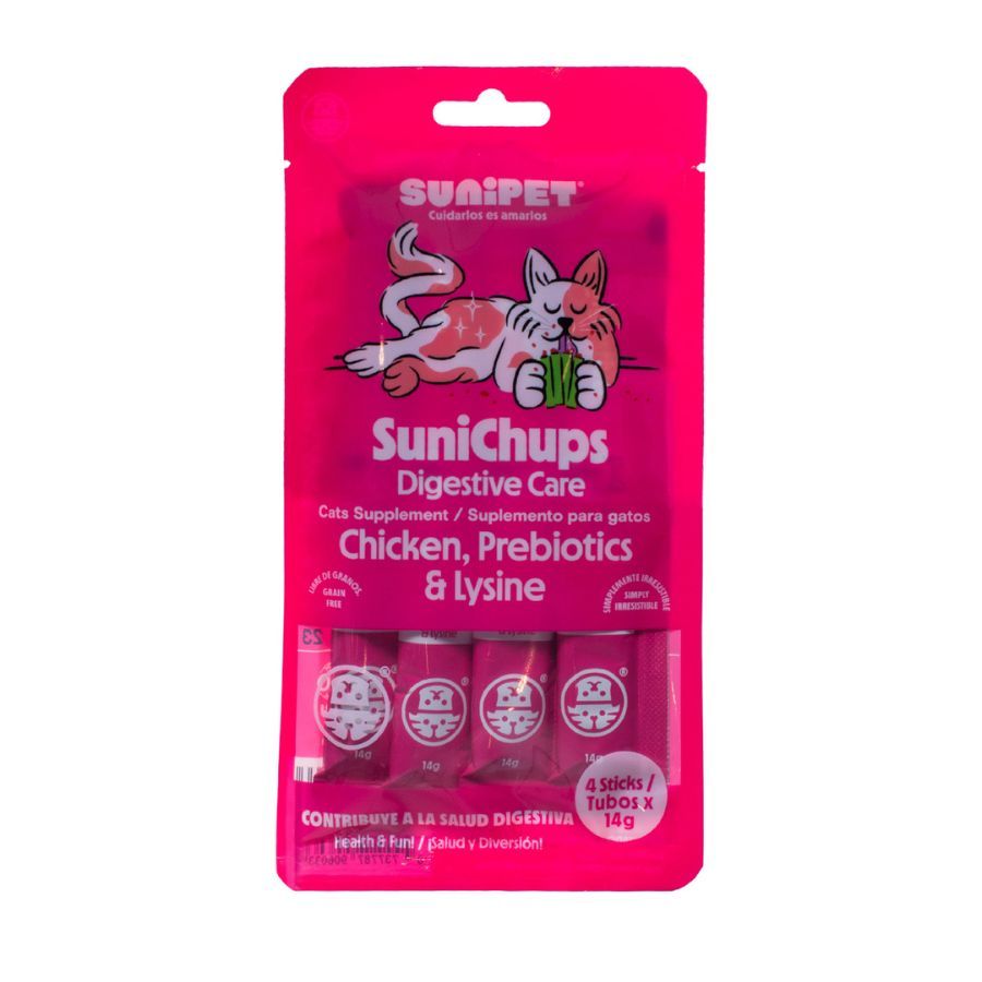 SuniChups Cuidado Digestivo Snack Funcional para Gatos, cremoso sabor pollo con probióticos y prebióticos para una digestión saludable.