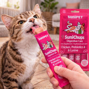SuniChups Cuidado Digestivo Snack Funcional para Gatos, cremoso sabor pollo con probióticos y prebióticos para una digestión saludable.