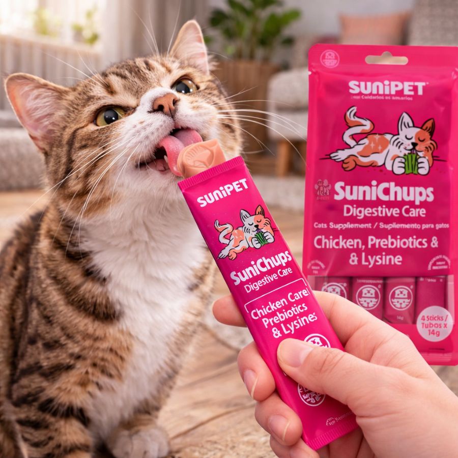 SuniChups Cuidado Digestivo Snack Funcional para Gatos, cremoso sabor pollo con probióticos y prebióticos para una digestión saludable.
