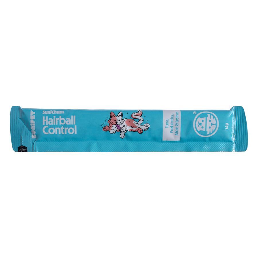 SuniChups Hairball Control Snack Funcional para Gato ayuda a eliminar bolas de pelo, con aloe y probióticos, natural y sin granos.