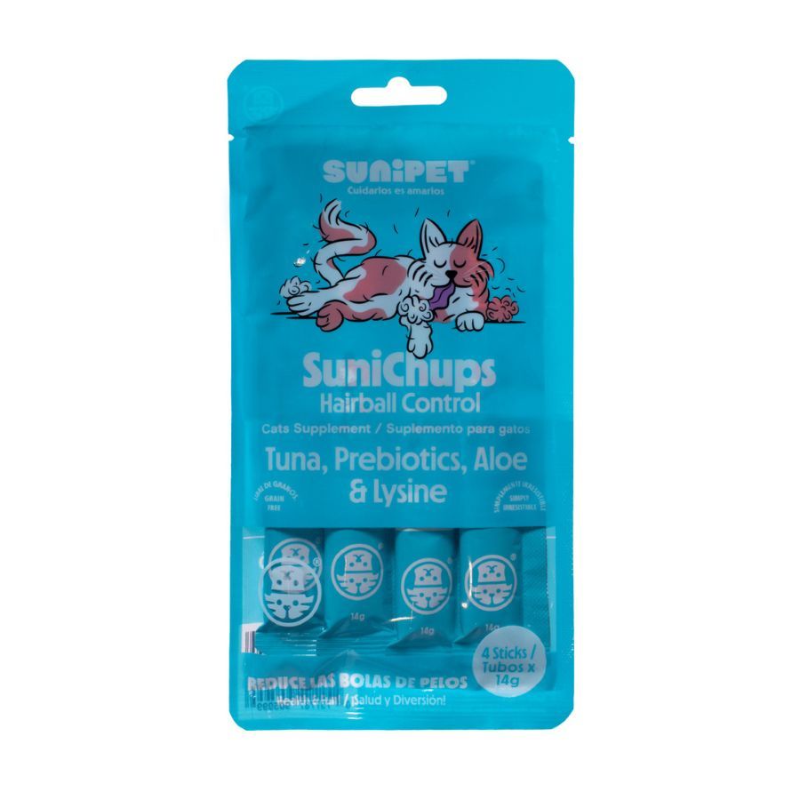 SuniChups Hairball Control Snack Funcional para Gato ayuda a eliminar bolas de pelo, con aloe y probióticos, natural y sin granos.