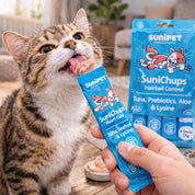 SuniChups Hairball Control Snack Funcional para Gato ayuda a eliminar bolas de pelo, con aloe y probióticos, natural y sin granos.