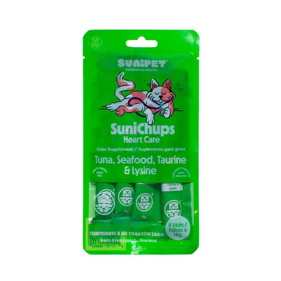 SuniChups Heart Care Snack Funcional para Gatos suplemento cremoso con taurina y omega 3, apoyo cardiovascular, natural y sin granos.