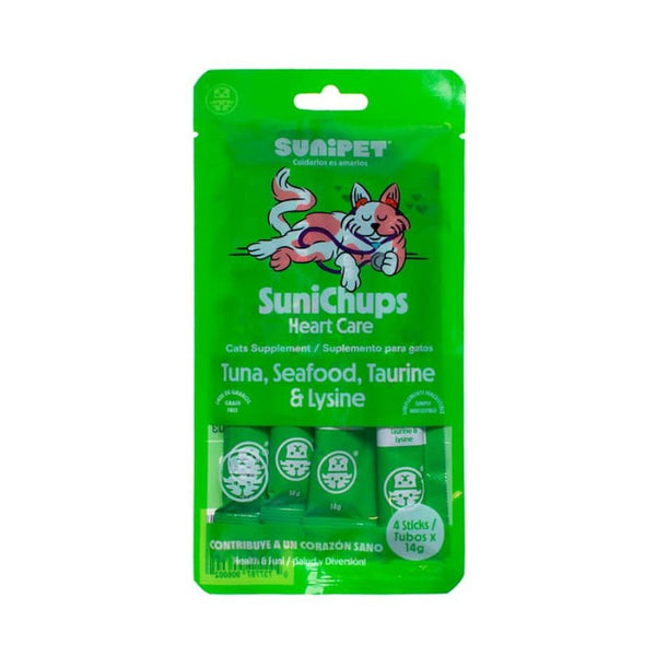 SuniChups Heart Care Snack Funcional para Gatos suplemento cremoso con taurina y omega 3, apoyo cardiovascular, natural y sin granos.