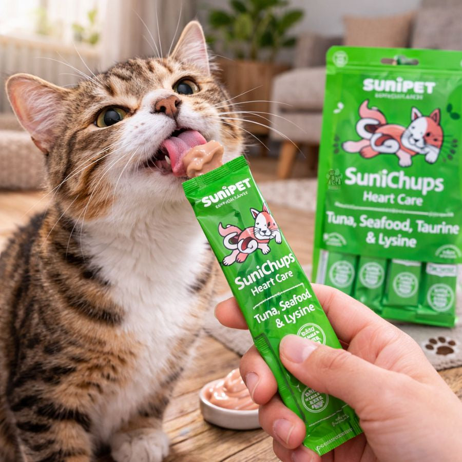 SuniChups Heart Care Snack Funcional para Gatos suplemento cremoso con taurina y omega 3, apoyo cardiovascular, natural y sin granos.