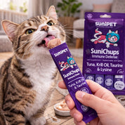 SuniChups Inmune Defense Snack Funcional para Gatos fortalece el sistema inmune con krill y antioxidantes, natural y sin granos.