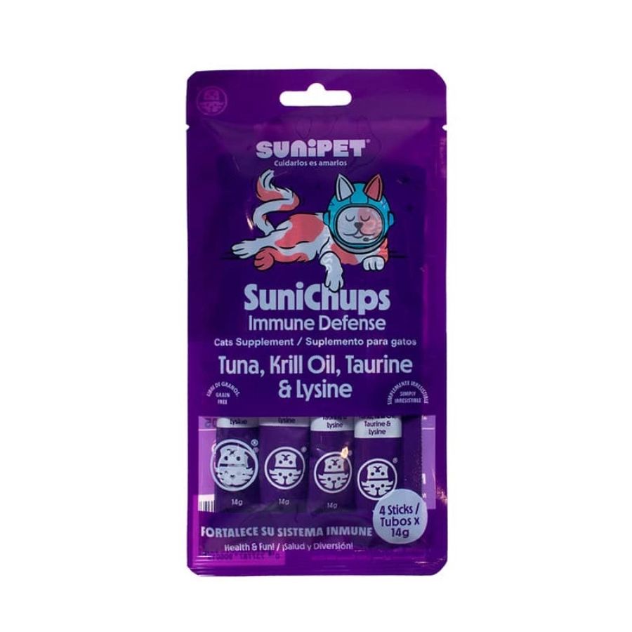 SuniChups Inmune Defense Snack Funcional para Gatos fortalece el sistema inmune con krill y antioxidantes, natural y sin granos.