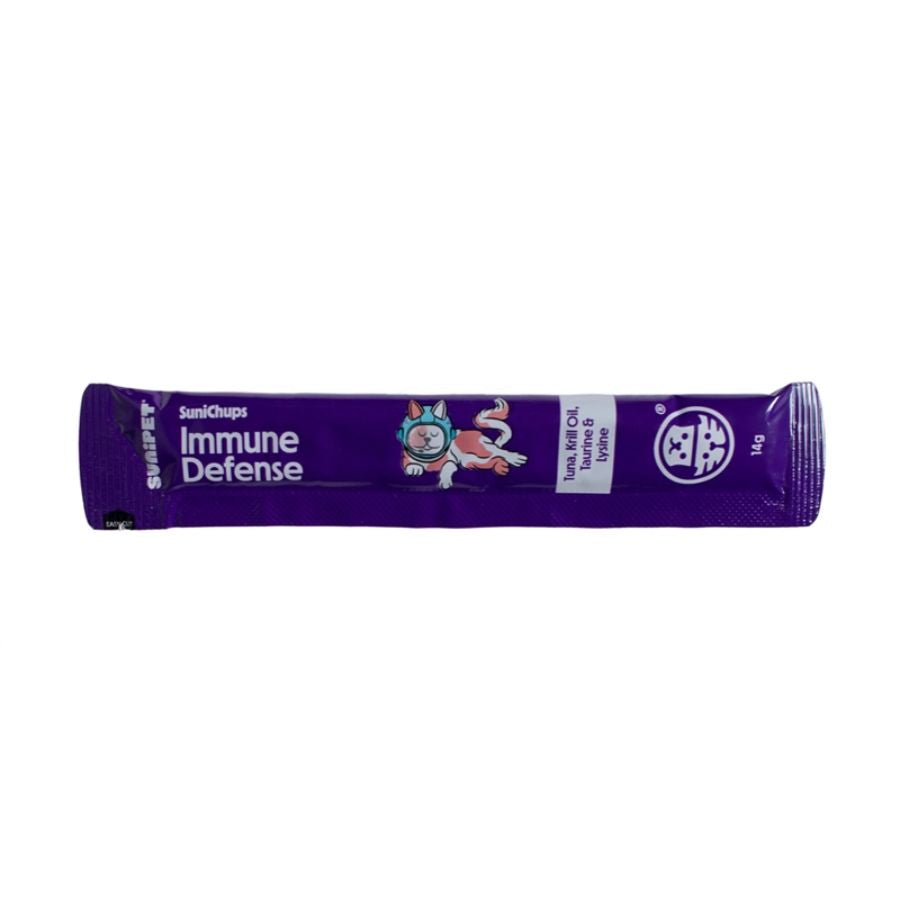 SuniChups Inmune Defense Snack Funcional para Gatos fortalece el sistema inmune con krill y antioxidantes, natural y sin granos.
