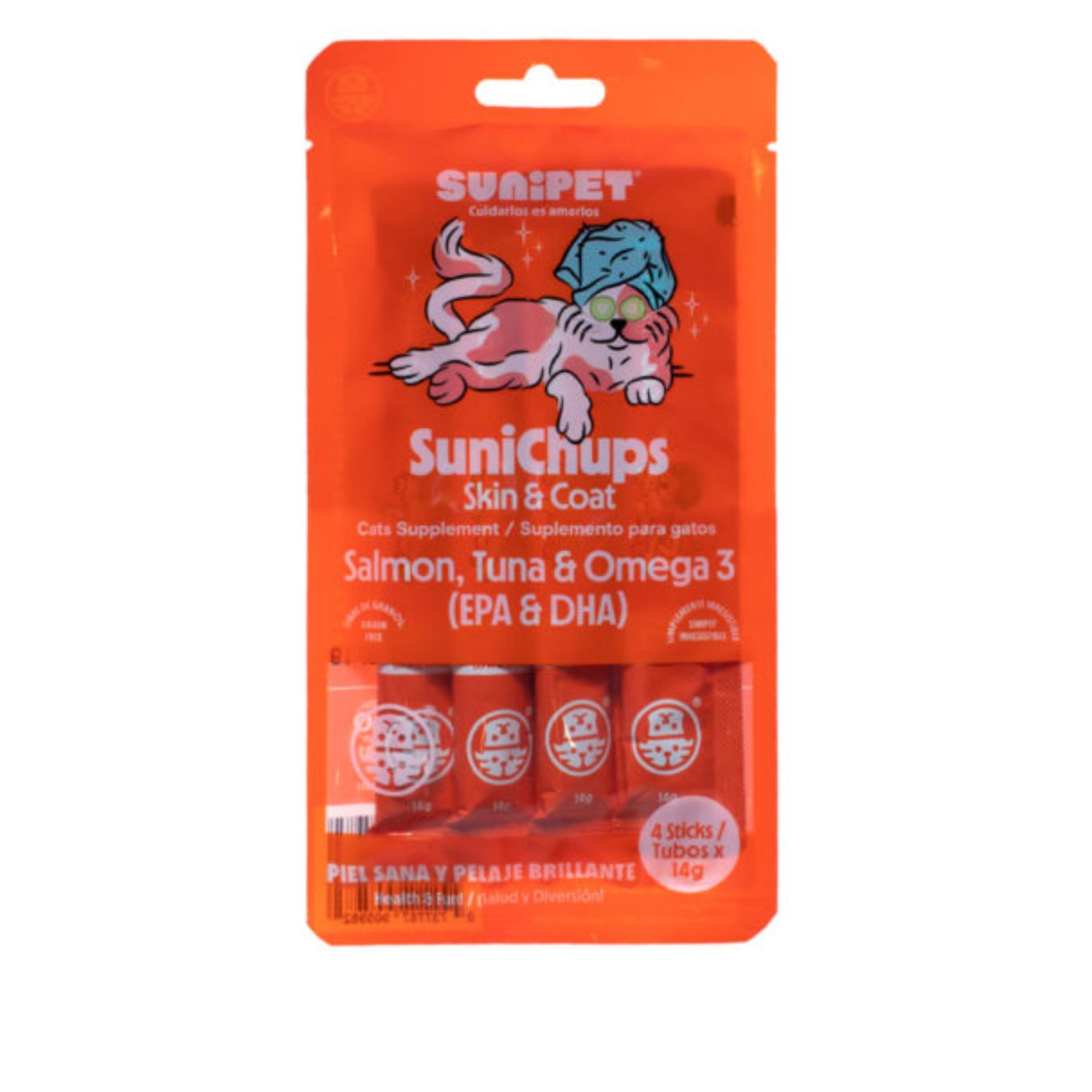 SuniChups Skin and Coat Snack Funcional para Gatos mejora piel y pelaje con Omega 3, salmón y atún, natural y sin granos.