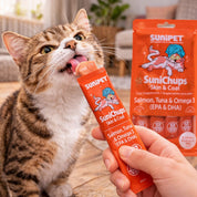 SuniChups Skin and Coat Snack Funcional para Gatos mejora piel y pelaje con Omega 3, salmón y atún, natural y sin granos.