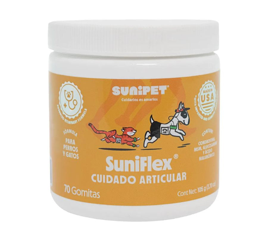 Sunipet Suniflex 105 GR en gomitas con glucosamina y condroitina, ideal para la salud articular de perros y gatos. Fácil de administrar y delicioso.
