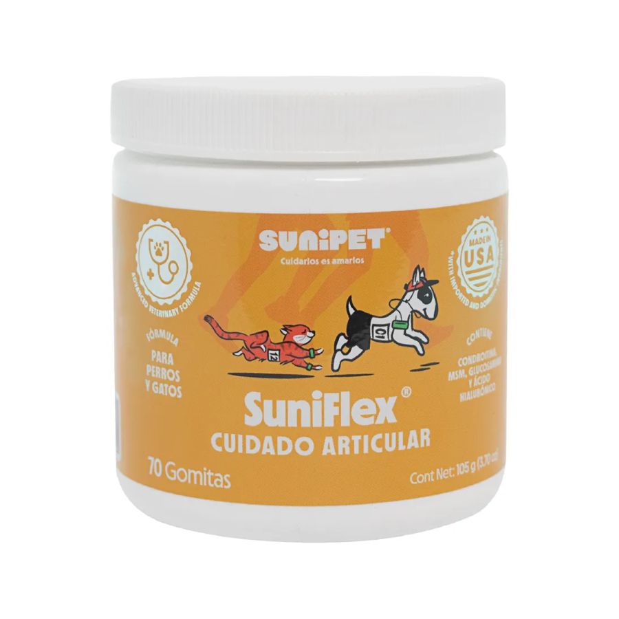 Sunipet Suniflex 105 GR en gomitas con glucosamina y condroitina, ideal para la salud articular de perros y gatos. Fácil de administrar y delicioso.