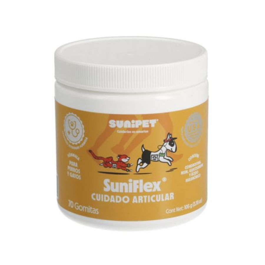 Sunipet Suniflex 105 GR en gomitas con glucosamina y condroitina, ideal para la salud articular de perros y gatos. Fácil de administrar y delicioso.
