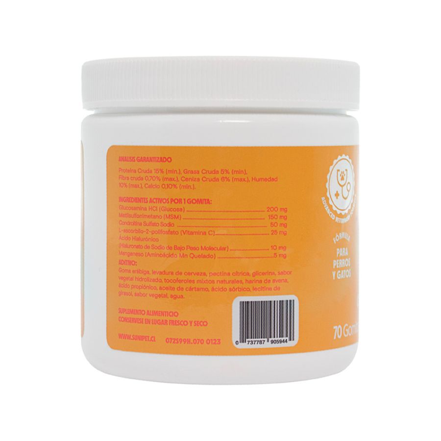 Sunipet Suniflex 105 GR en gomitas con glucosamina y condroitina, ideal para la salud articular de perros y gatos. Fácil de administrar y delicioso.