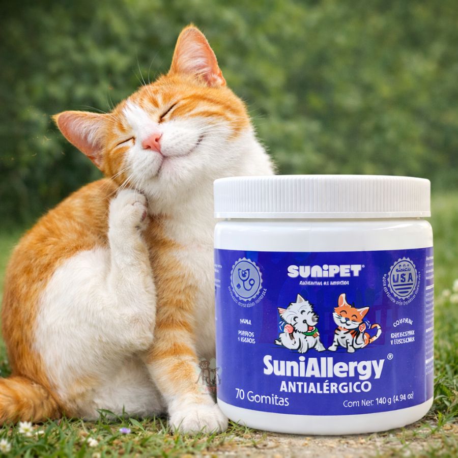 Sunipet SuniAllergy 140 GR antialérgico en gomitas con Omega 3 y 6, quercetina y ácido hialurónico para piel sensible y alergias.