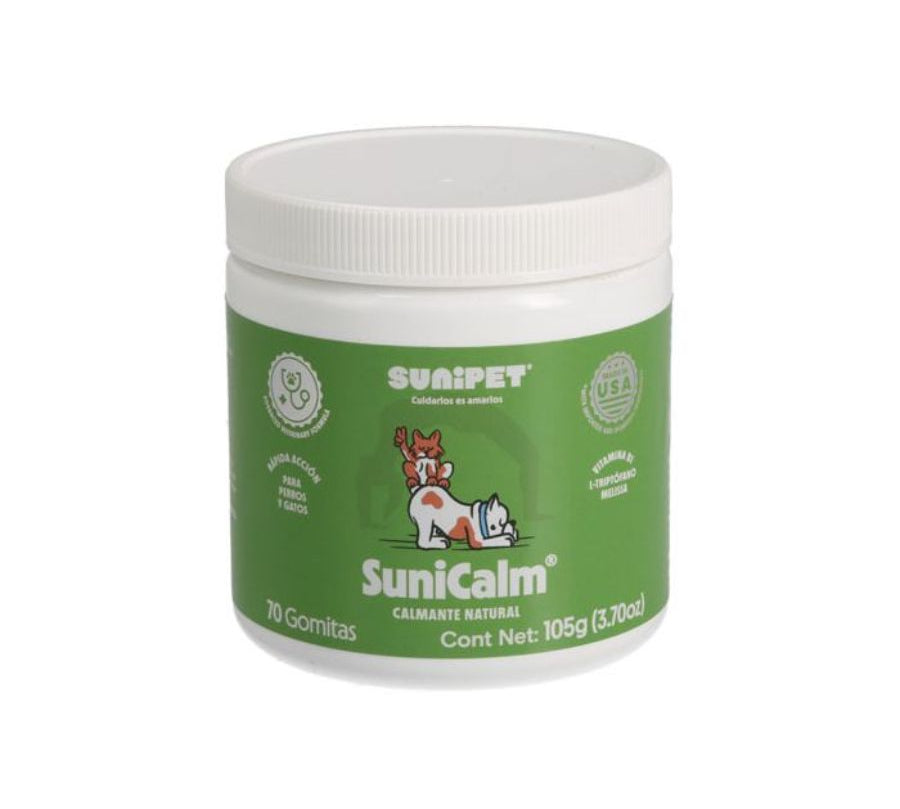 Sunipet SuniCalm Gomitas Anti Estrés, suplemento natural que calma sin sedar. Ideal para ansiedad por separación o viajes.