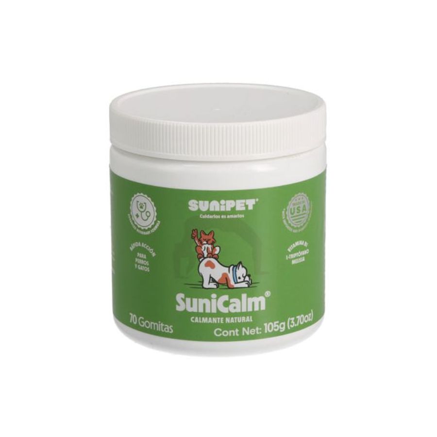 Sunipet SuniCalm Gomitas Anti Estrés, suplemento natural que calma sin sedar. Ideal para ansiedad por separación o viajes.