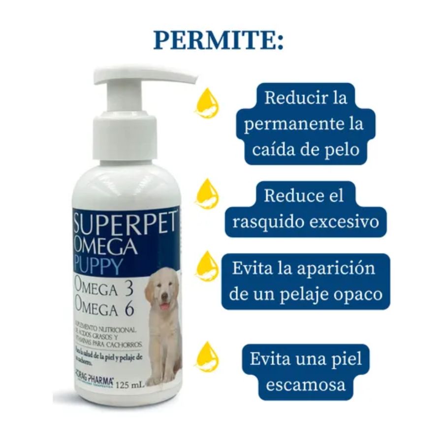 Superpet Omega Cachorro 125 ml fortalece defensas y pelaje con Omega 3, 6 y vitaminas A, D y E. Ideal para cachorros en crecimiento y vacunación. B-Pets