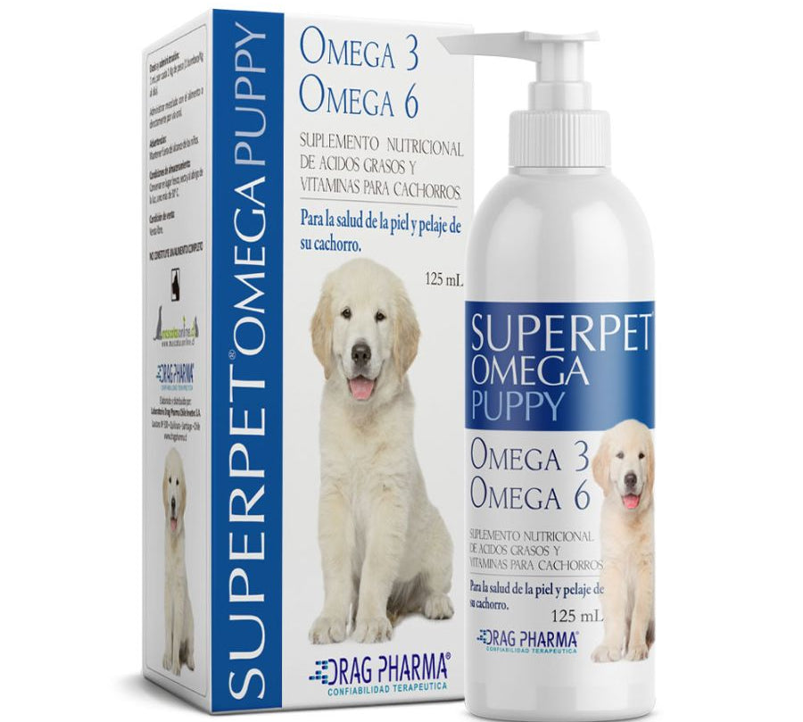 Superpet Omega Cachorro 125 ml fortalece defensas y pelaje con Omega 3, 6 y vitaminas A, D y E. Ideal para cachorros en crecimiento y vacunación. B-Pets