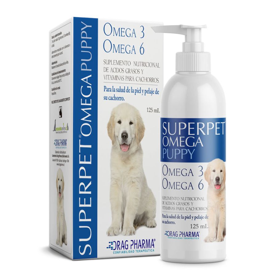 Superpet Omega Cachorro 125 ml fortalece defensas y pelaje con Omega 3, 6 y vitaminas A, D y E. Ideal para cachorros en crecimiento y vacunación. B-Pets