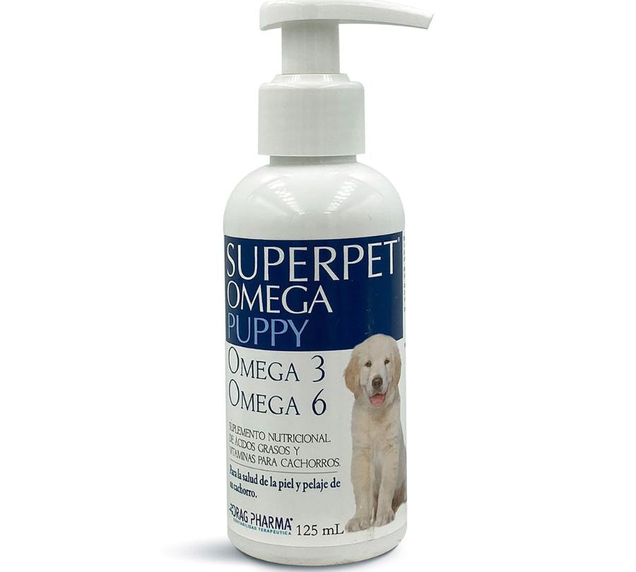 Superpet Omega Cachorro 125 ml fortalece defensas y pelaje con Omega 3, 6 y vitaminas A, D y E. Ideal para cachorros en crecimiento y vacunación. B-Pets