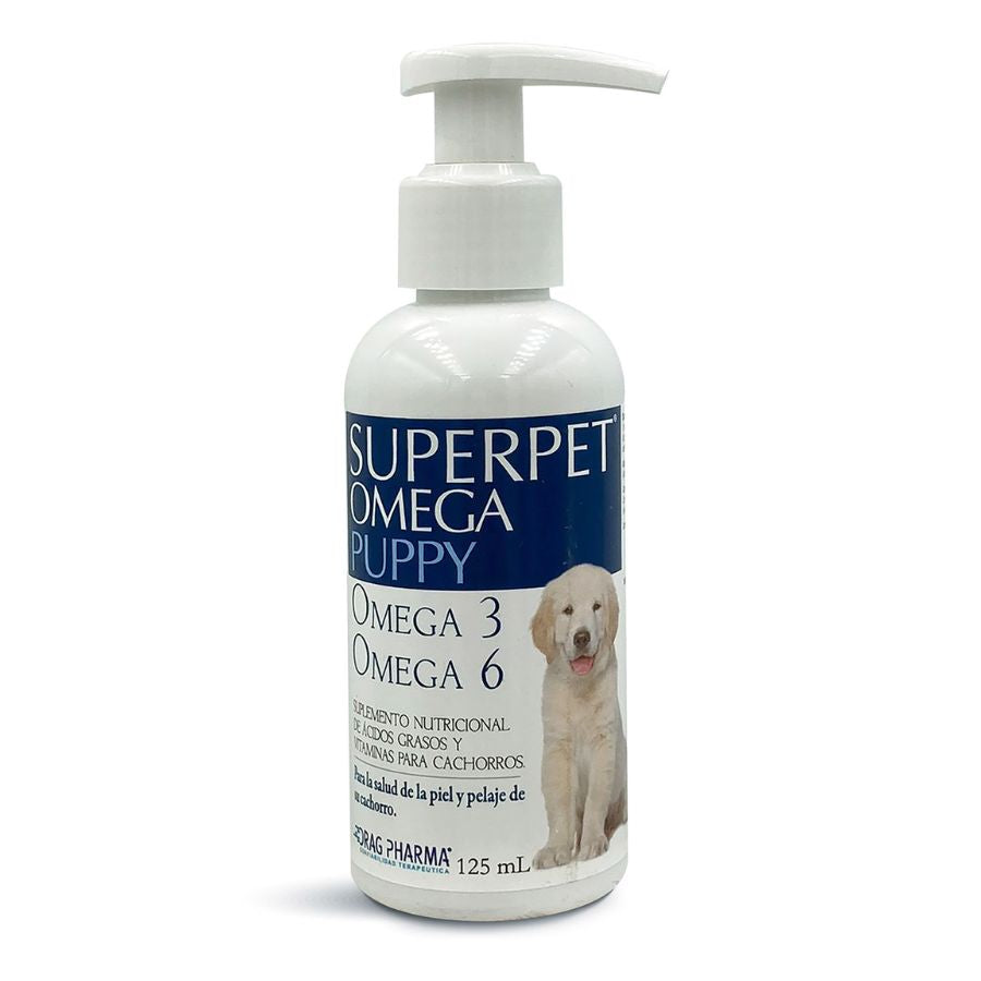 Superpet Omega Cachorro 125 ml fortalece defensas y pelaje con Omega 3, 6 y vitaminas A, D y E. Ideal para cachorros en crecimiento y vacunación. B-Pets