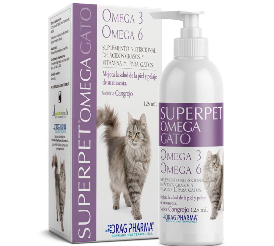 Superpet Omega Gato 125 ml mejora piel, pelaje y defensas con Omega 3, 6 y vitamina E. Sabor cangrejo, ideal para gatos de todas las edades. B-Pets