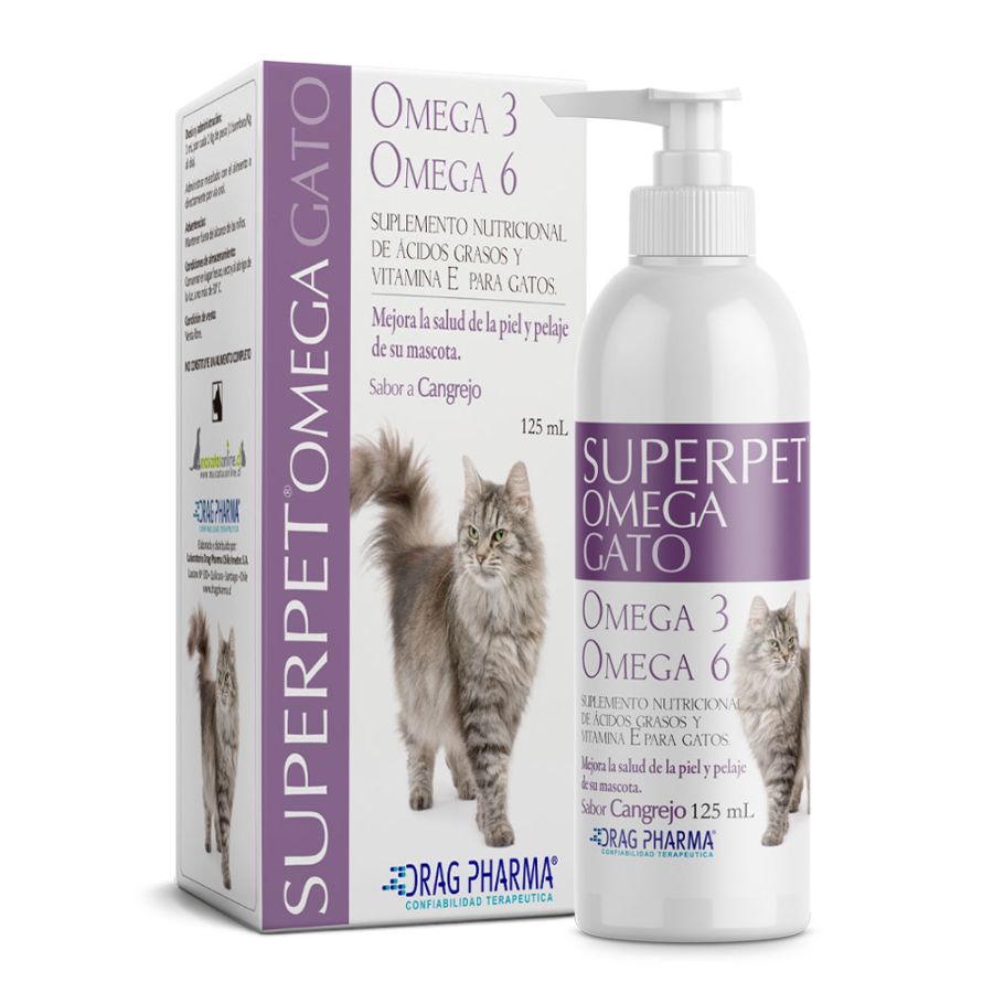 Superpet Omega Gato 125 ml mejora piel, pelaje y defensas con Omega 3, 6 y vitamina E. Sabor cangrejo, ideal para gatos de todas las edades. B-Pets