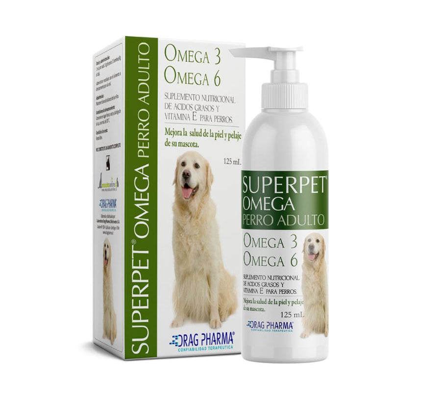 Superpet Omega Perro Adulto 125 ml mejora el pelaje, fortalece defensas y protege el corazón con Omega 3, 6 y vitamina E. Ideal para perros adultos.