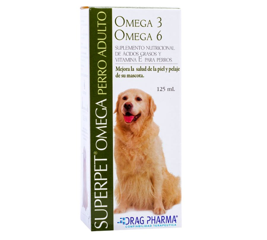 Superpet Omega Perro Adulto 125 ml mejora el pelaje, fortalece defensas y protege el corazón con Omega 3, 6 y vitamina E. Ideal para perros adultos.