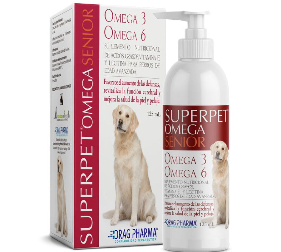 Superpet Omega Senior 125 ml es un suplemento con Omega 3, 6, vitamina E y lecitina para perros mayores. Favorece la salud cerebral, piel y pelaje. B-Pets