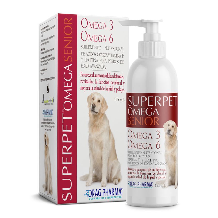 Superpet Omega Senior 125 ml es un suplemento con Omega 3, 6, vitamina E y lecitina para perros mayores. Favorece la salud cerebral, piel y pelaje. B-Pets