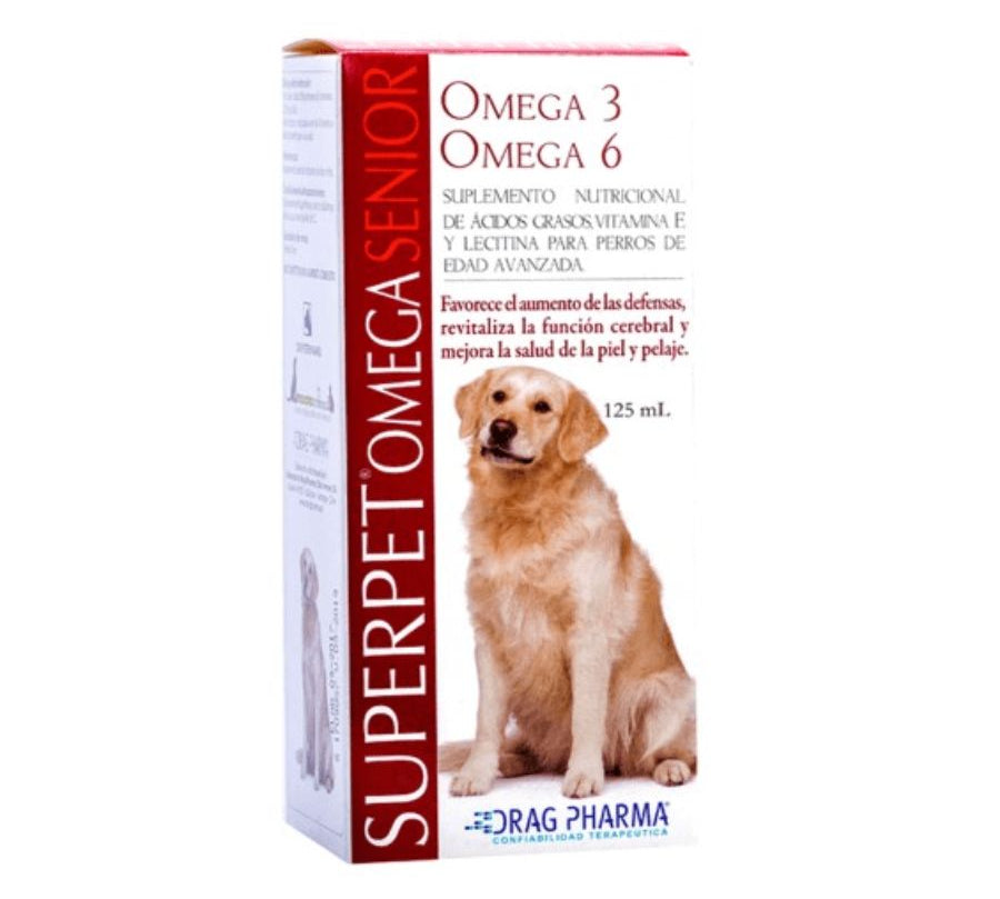 Superpet Omega Senior 125 ml es un suplemento con Omega 3, 6, vitamina E y lecitina para perros mayores. Favorece la salud cerebral, piel y pelaje. B-Pets
