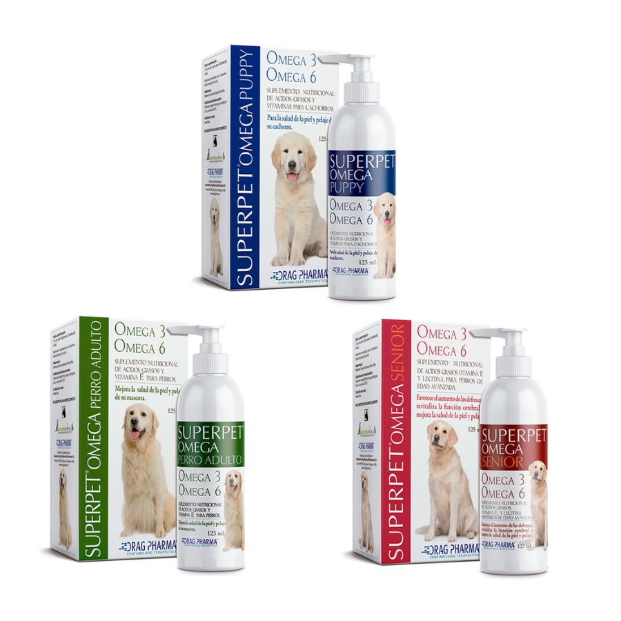 Superpet Omega Senior 125 ml es un suplemento con Omega 3, 6, vitamina E y lecitina para perros mayores. Favorece la salud cerebral, piel y pelaje. B-Pets