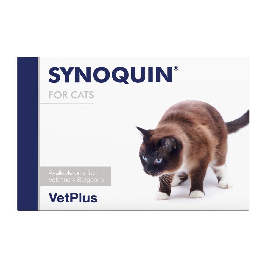 Caja de Synoquin Gato de VetPlus, condroprotector articular felino, vista frontal con gato