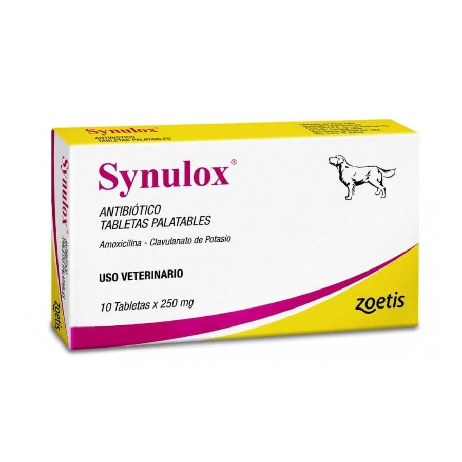Synulox 250 Mg 10 Comprimidos, antibiótico de amplio espectro para perros, ideal para tratar infecciones respiratorias, cutáneas y urinarias.