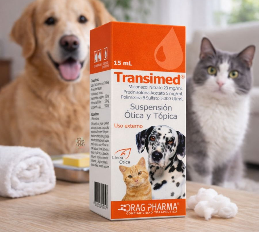 Transimed Suspensión Ótica y Tópica 15ml tratamiento para otitis y dermatitis con acción antifúngica, antibacteriana y antiinflamatoria.