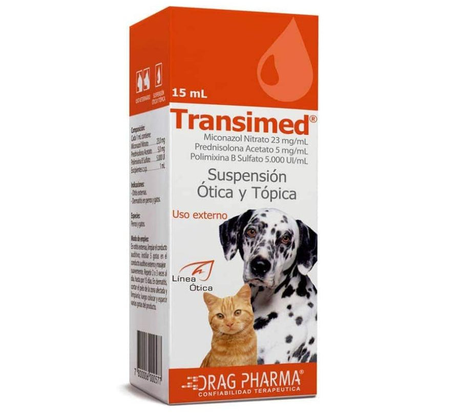 Transimed Suspensión Ótica y Tópica 15ml tratamiento para otitis y dermatitis con acción antifúngica, antibacteriana y antiinflamatoria.