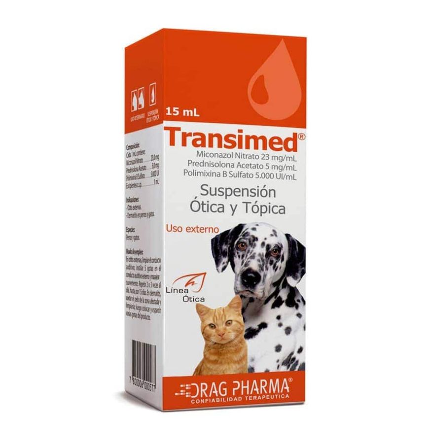 Transimed Suspensión Ótica y Tópica 15ml tratamiento para otitis y dermatitis con acción antifúngica, antibacteriana y antiinflamatoria.
