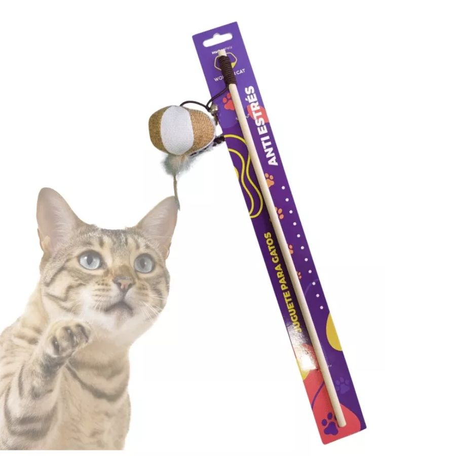Varilla de Madera con Bola de Lino WonderCat 🐾 estimula el instinto de caza y promueve el ejercicio felino. Hecha con materiales naturales y resistente al juego activo.