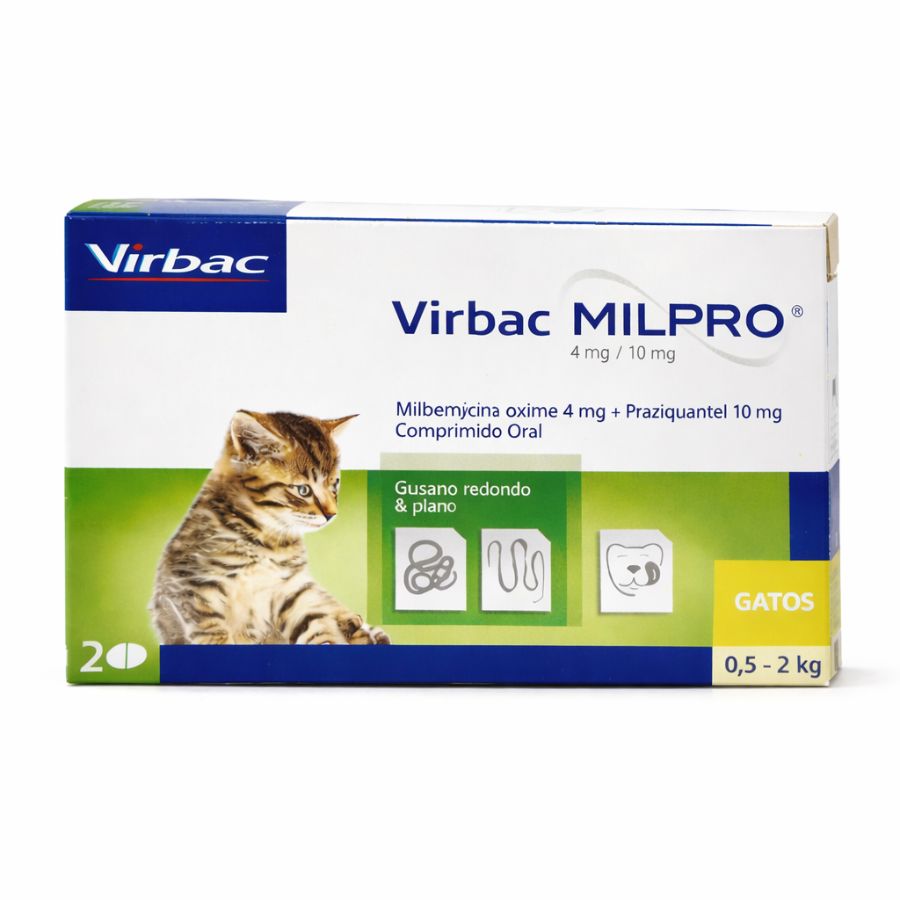 Antiparasitario Virbac Milpro Gato 0,5 a 2kg tratamiento interno eficaz en dosis única contra nematodos y cestodos, fácil administración oral.