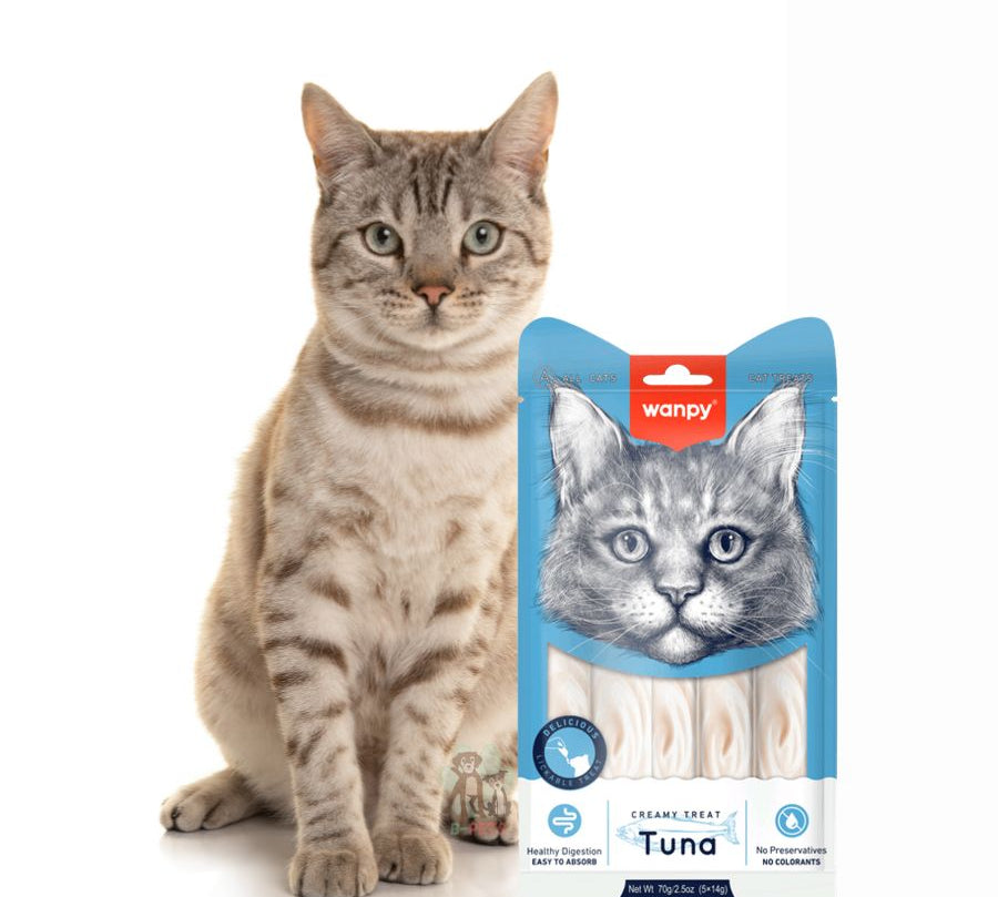 Wanpy Creamy Treat Atún, snack cremoso y saludable para gatos, alto en humedad, sin granos ni conservantes. Ideal como premio o para dar medicamentos.
