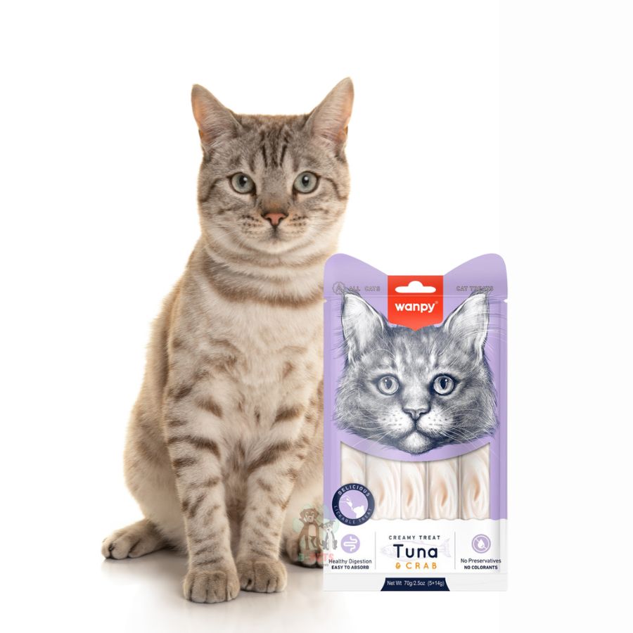 Wanpy Creamy Treat Atún y Cangrejo es un snack cremoso para gatos, rico en proteínas, hidratante y sin granos, ideal como premio o complemento.