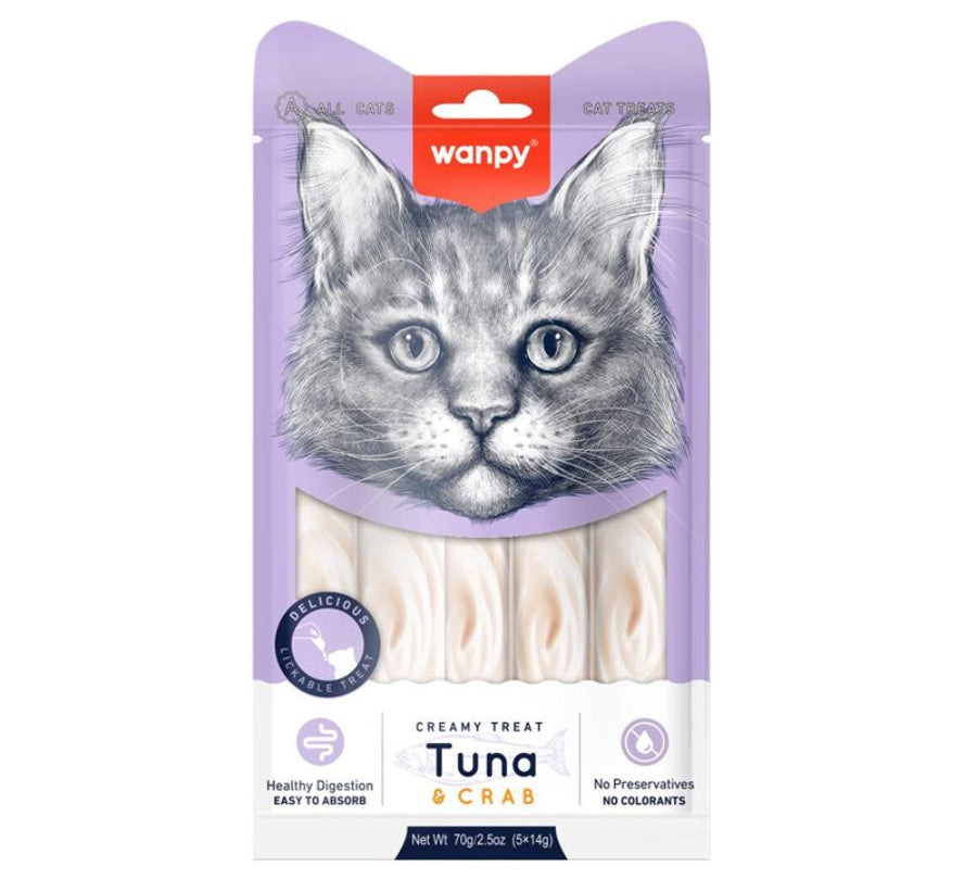Wanpy Creamy Treat Atún y Cangrejo es un snack cremoso para gatos, rico en proteínas, hidratante y sin granos, ideal como premio o complemento.