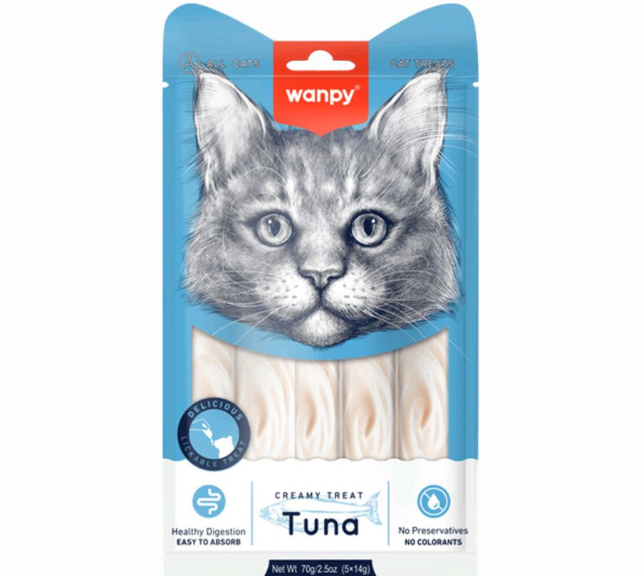 Wanpy Creamy Treat Atún, snack cremoso y saludable para gatos, alto en humedad, sin granos ni conservantes. Ideal como premio o para dar medicamentos.