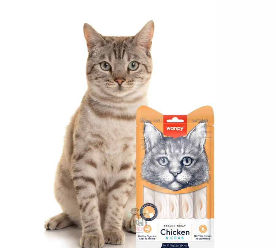Wanpy Creamy Treat Pollo y Cangrejo es un snack cremoso, alto en humedad, libre de granos y altamente palatable, ideal para premiar o complementar la dieta.