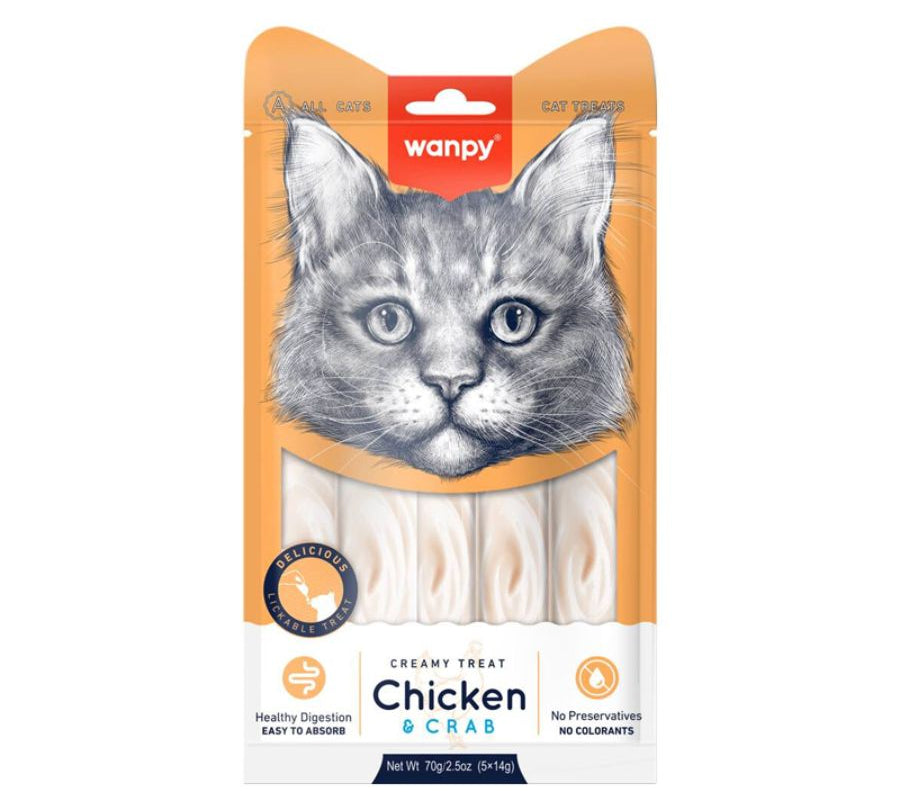 Wanpy Creamy Treat Pollo y Cangrejo es un snack cremoso, alto en humedad, libre de granos y altamente palatable, ideal para premiar o complementar la dieta.