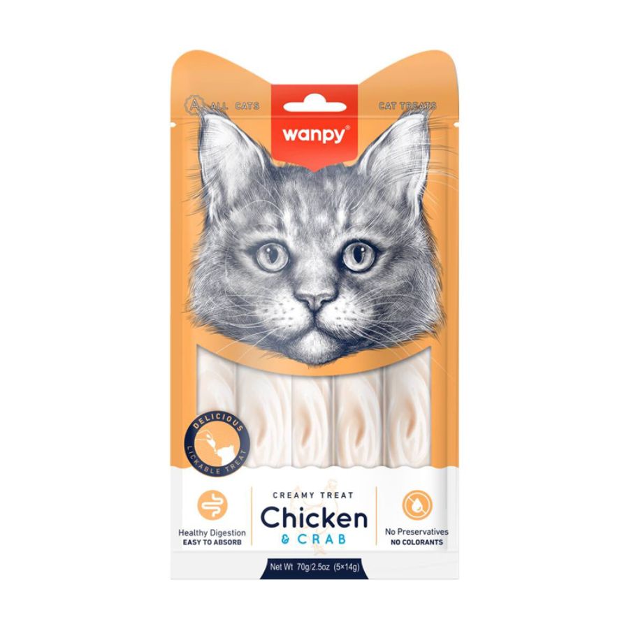Wanpy Creamy Treat Pollo y Cangrejo es un snack cremoso, alto en humedad, libre de granos y altamente palatable, ideal para premiar o complementar la dieta.
