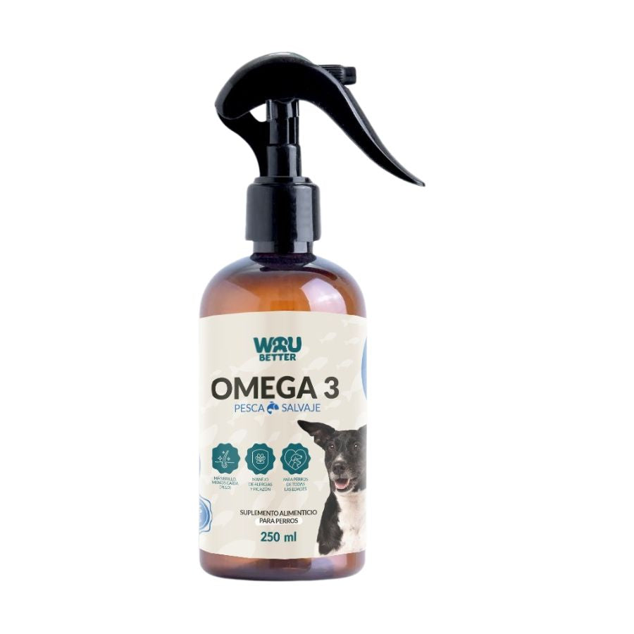 Wau Better Omega 3 Natural para Perros 🐟✨, suplemento de pesca salvaje con EPA, DHA y vitamina E. Ideal para piel sana, pelaje brillante y articulaciones fuertes.